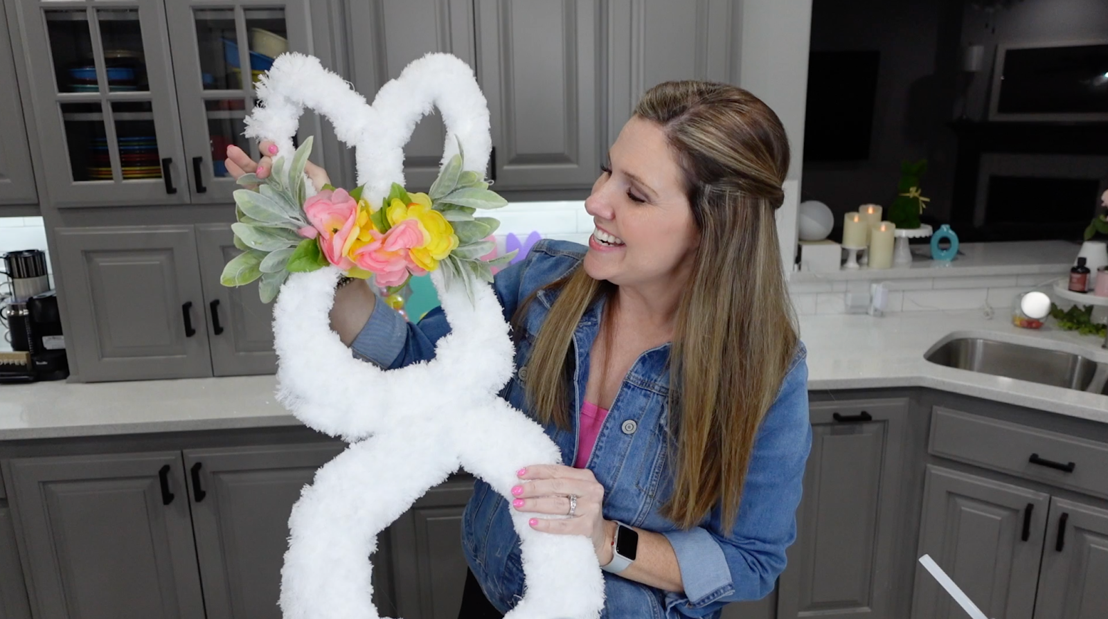 Lindsay holding the Fluffy Bunny Wreath