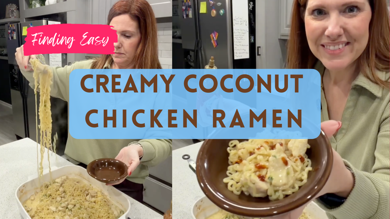 Creamy coconut chicken ramen baked in a casserole dish and topped with sliced green onions.