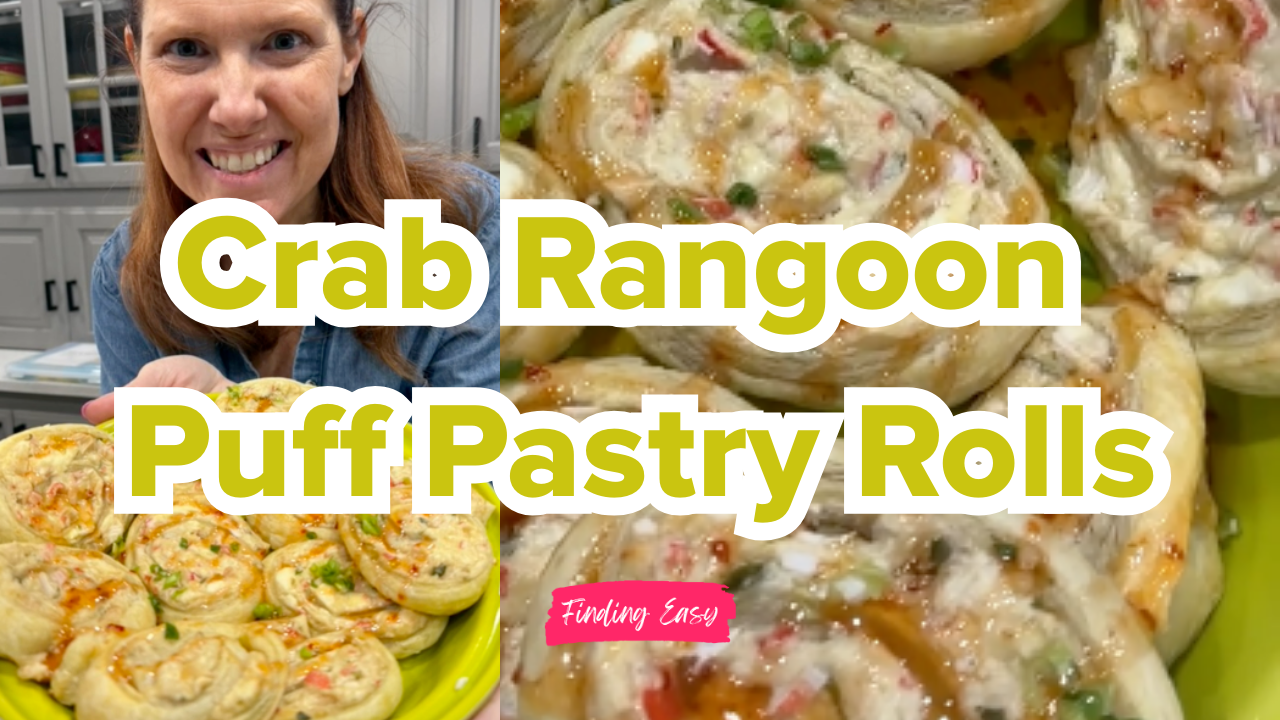 Woman holding baked crab rangoon puff pastry rolls topped with sweet Thai chili sauce and green onions with text overlay reading Crab Rangoon Puff Pastry Rolls.