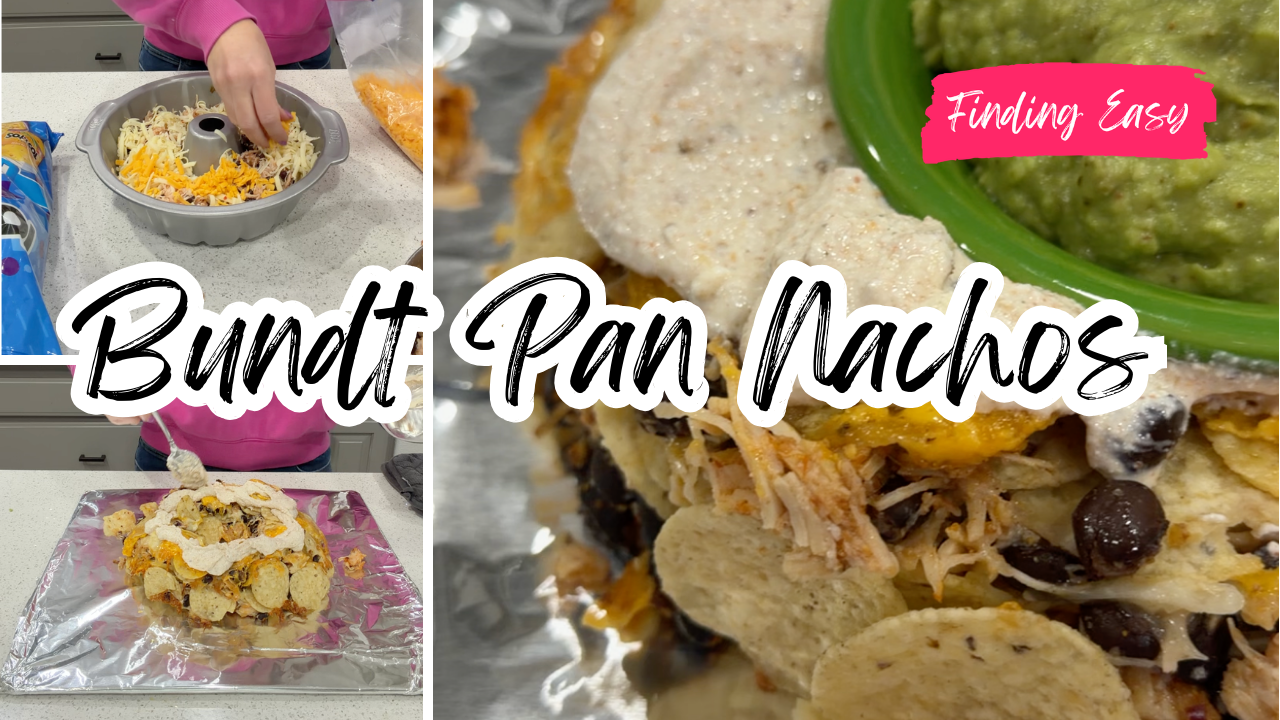 Bundt pan nachos flipped onto a plate forming a nacho ring with guacamole in the center and creamy taco drizzle on top.