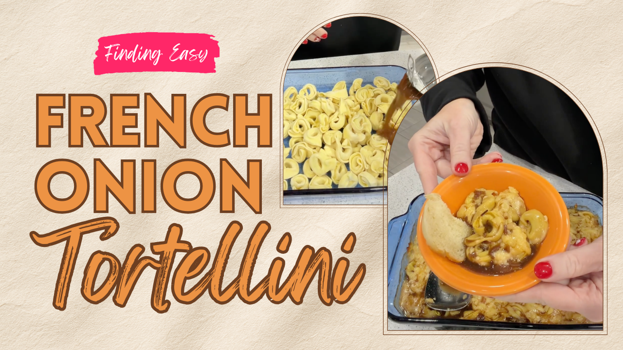 French onion tortellini bake with smoked gouda cheese melted golden on top.