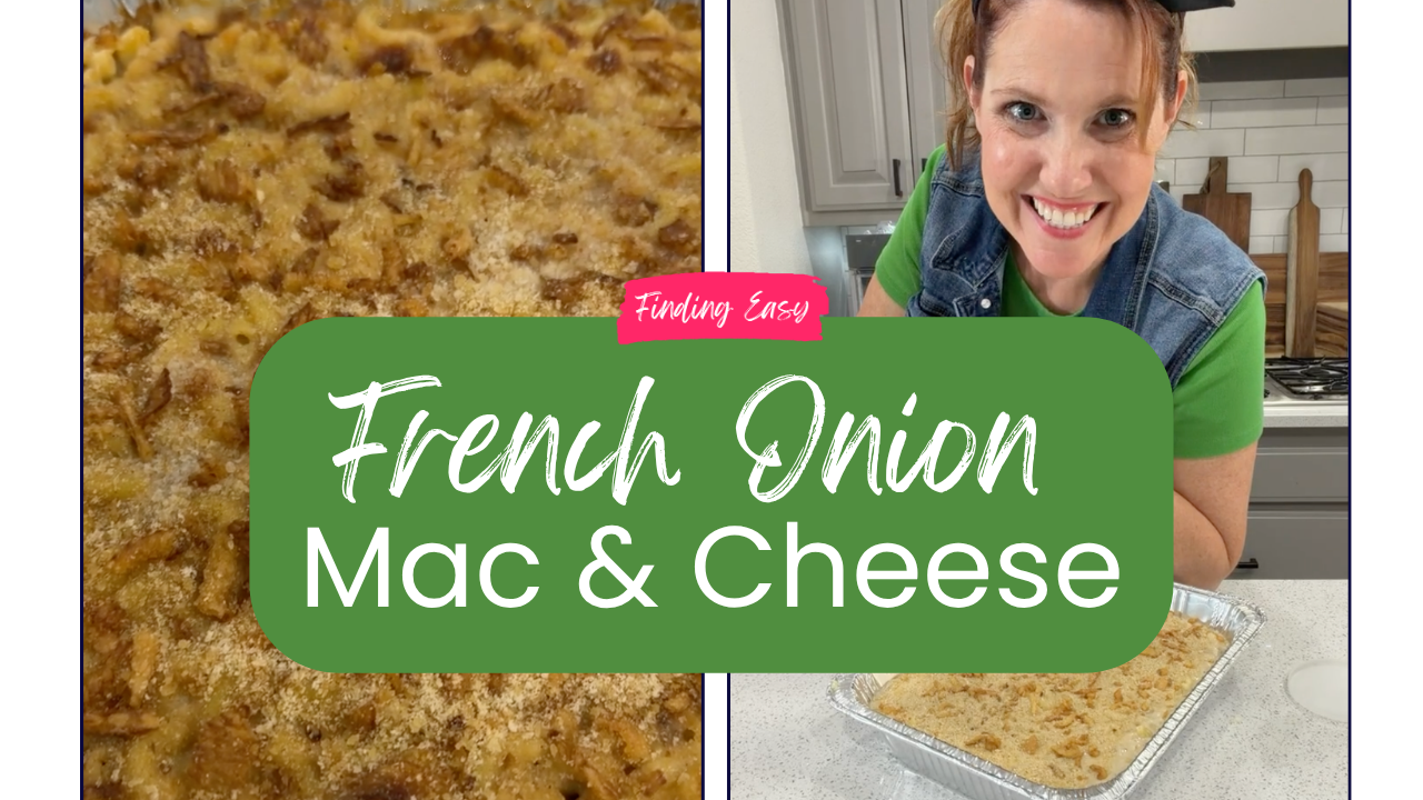 Creamy French onion mac and cheese baked in a casserole dish with a crispy topping of breadcrumbs and French fried onions.
