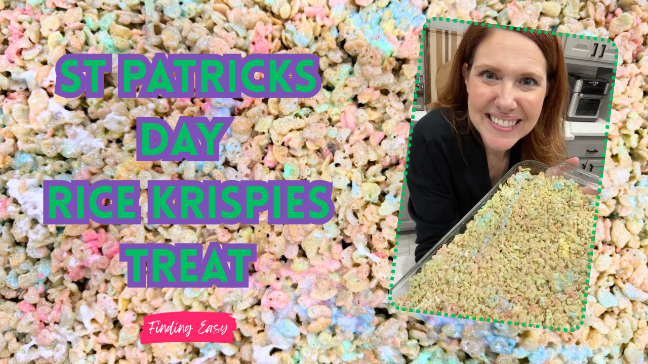 St. Patrick’s Day Sugar Cookie Rice Krispie Treats topped with colorful Lucky Charms rainbow marshmallows.