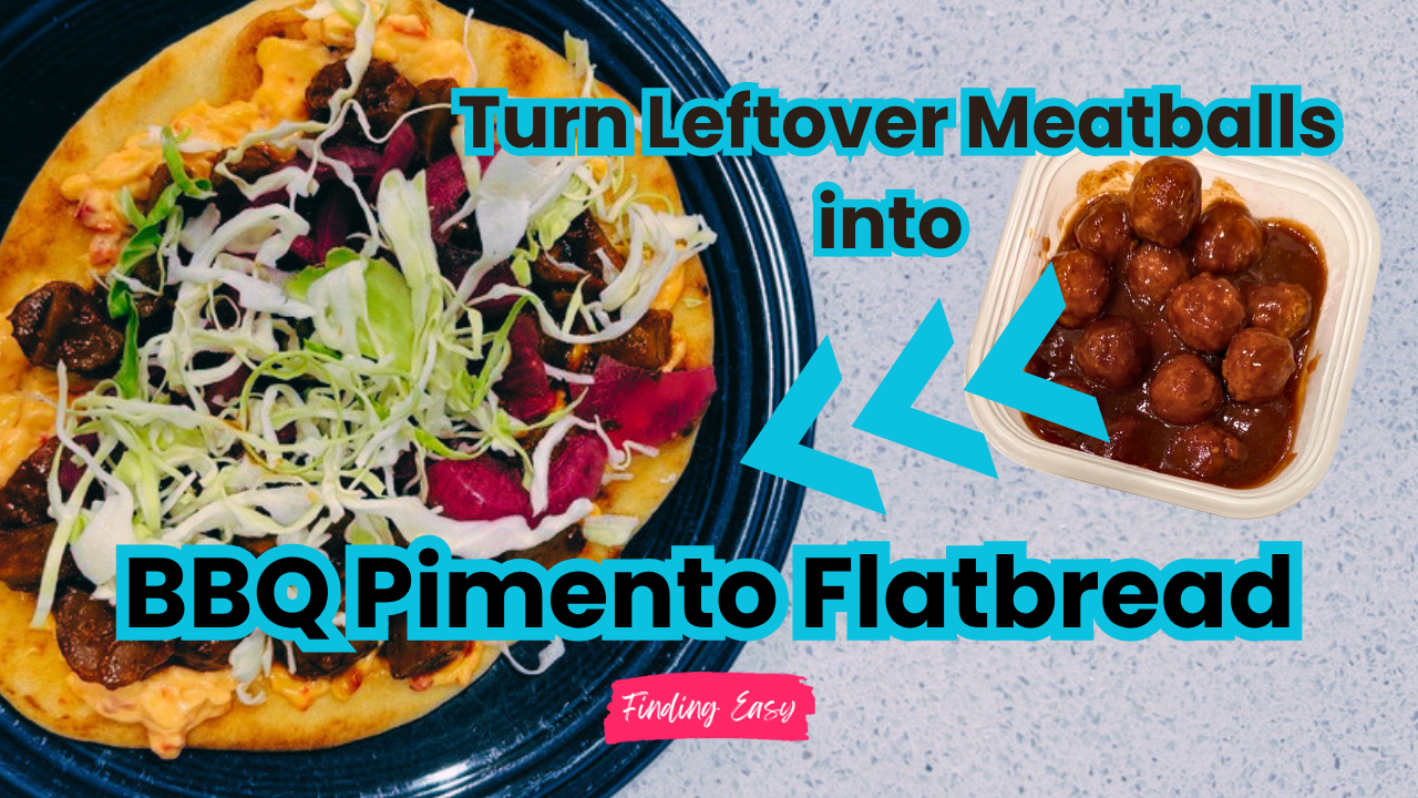 Southern BBQ meatball flatbread with pimento cheese, pickled onions, and coleslaw on naan