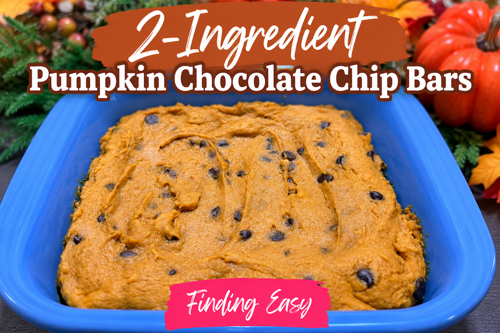 2-Ingredient Pumpkin Chocolate Chip Bars in a blue baking dish with fall decorations