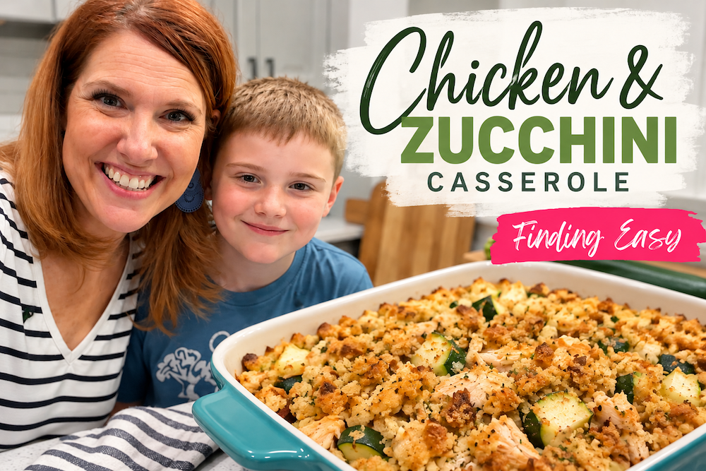 Easy Chicken & Zucchini Casserole made with rotisserie chicken, zucchini, stuffing, and a creamy sauce.