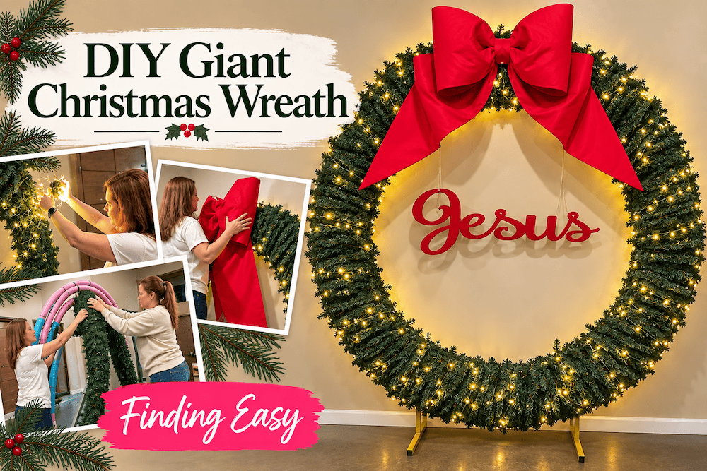 DIY giant Christmas wreath made with pool noodles, garland and twinkle lights with a red bow and Jesus sign in the center