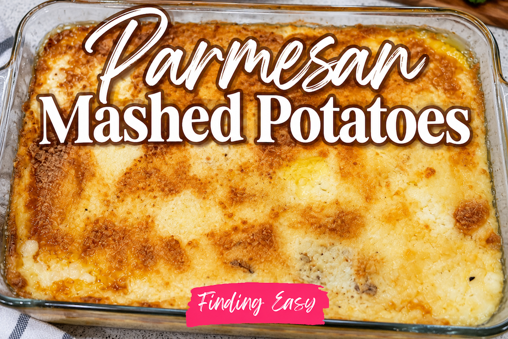 Baked Parmesan mashed potatoes topped with golden Parmesan cheese in a casserole dish