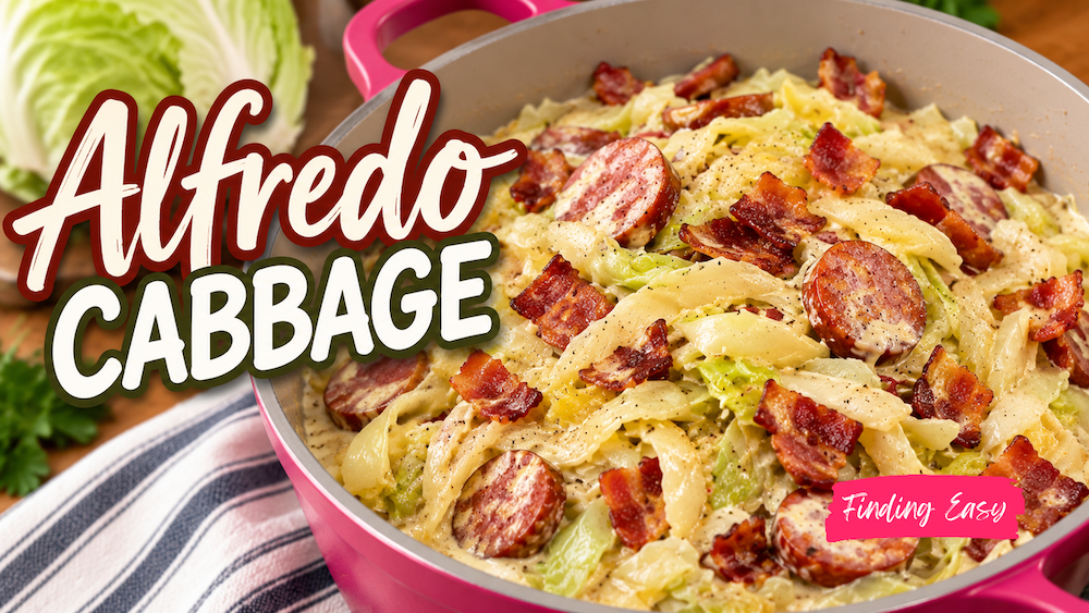 Creamy cabbage Alfredo with smoked sausage, bacon, and Parmesan sauce