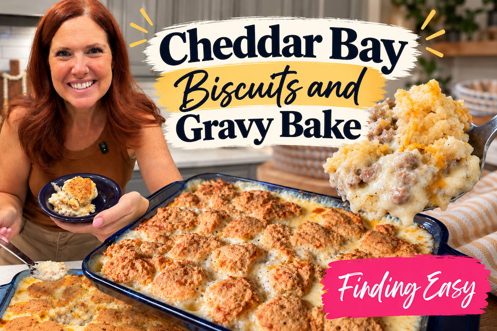Cheddar Bay Biscuit and Gravy Bake with creamy sausage gravy and golden cheesy biscuits